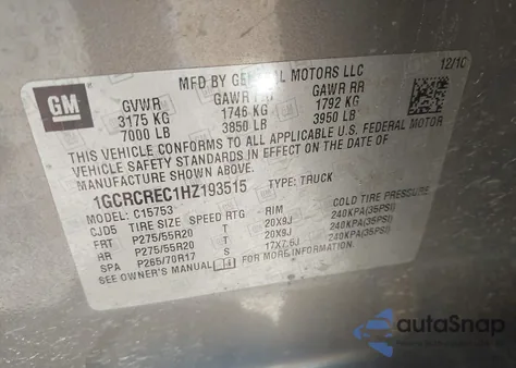 2017 Chevrolet Silverado 1500 1Lt из США, поврежденный, VIN 1GCRCREC1HZ193515